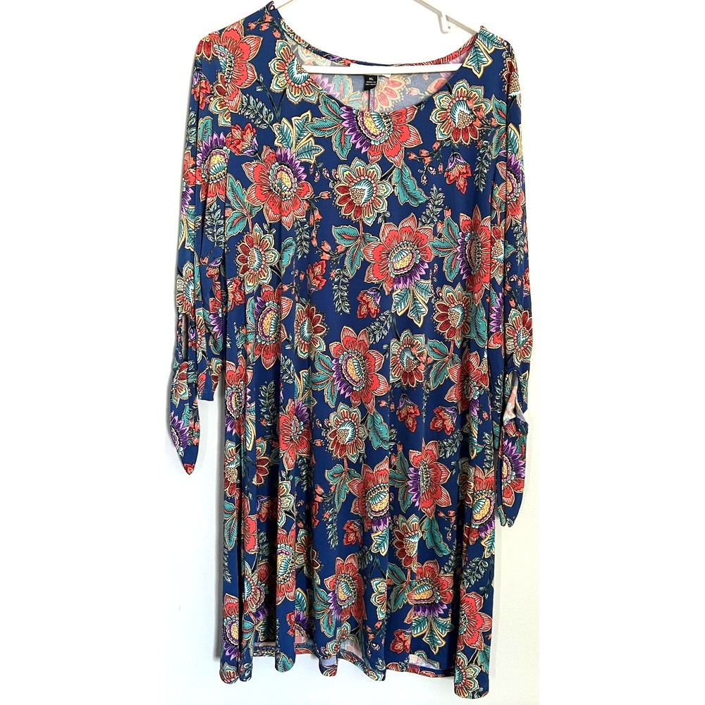 Chaus New York Dress Womens XL Blue Floral Shift 3/4 Sleeve Tie Cuff A-Line Knit